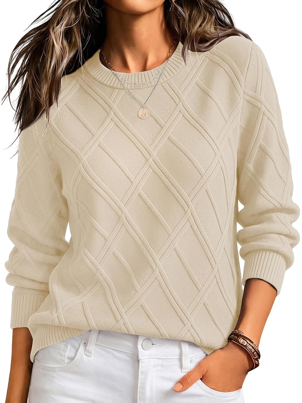 🆕 Women's Beige Long Sleeve Cable Knit Crewneck Cozy Pullover Sweater